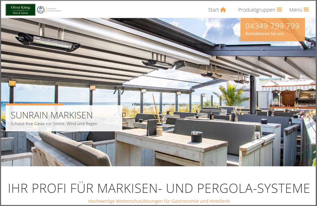 Bild der Website von OK Holz zu Wetterschutz für Gastronomie und Hotellerie Mit Sunrain Markisen und Pergola-Systemen